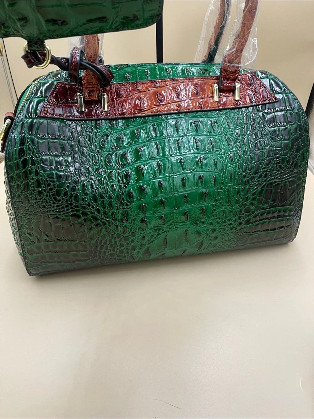Green Croc-Embossed Satchel with Brown Trim and Top Handles